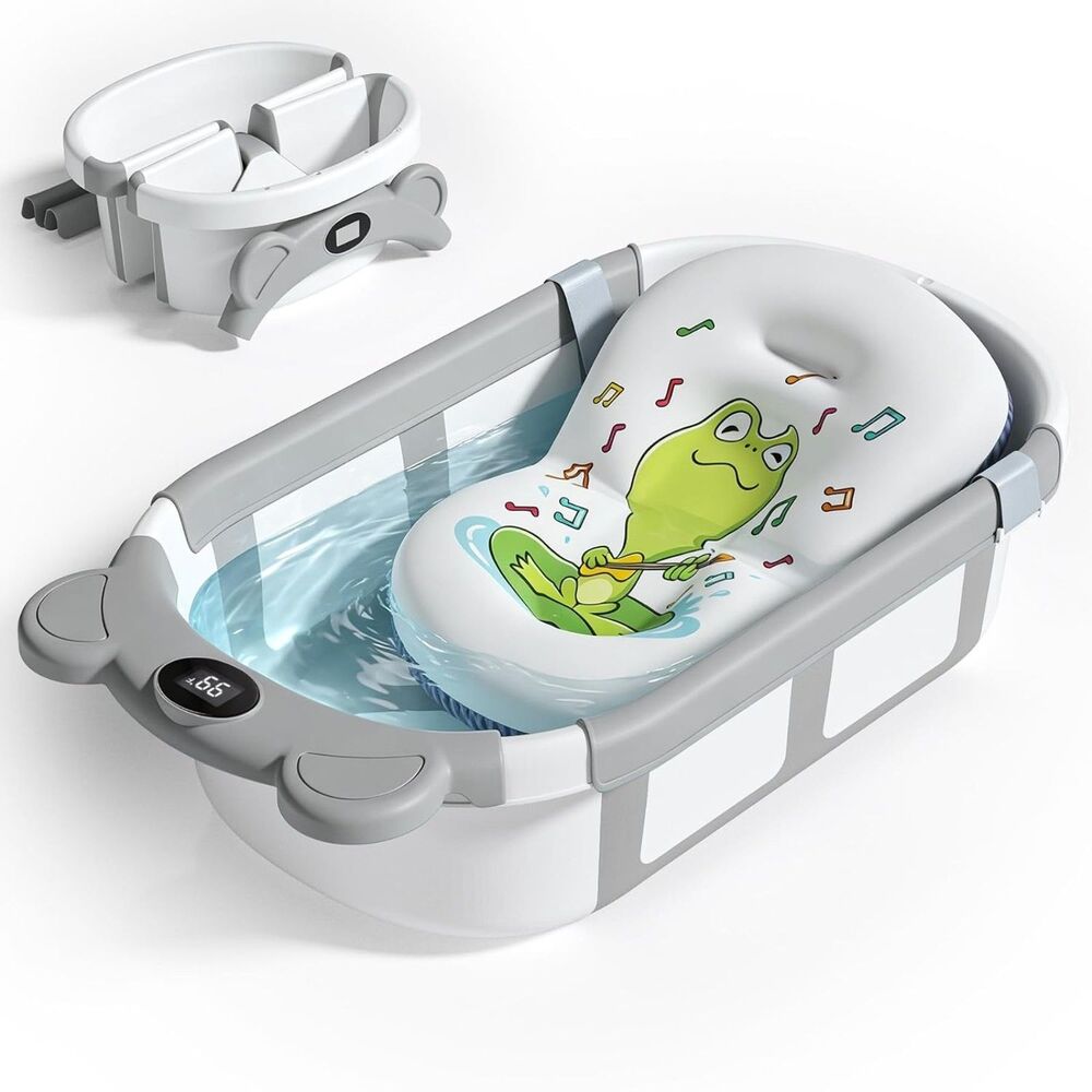 New Collapsible Baby Bathtub w/ Thermometer & Cushion Grey 0-36M
